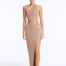 Front View: Model in Lyndon Bronze Skirt - High Waist, %100 Viscose, Ankle Length, Cut Out Detail, MOEVA Luxury Swimwear