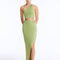 Front View: Model in Lyndon Green Skirt - High Waist, Ankle Length, %100 Viscose, Cut Out Detail, MOEVA Luxury Swimwear