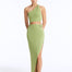 Front View: Model in Lyndon Green Skirt - High Waist, Ankle Length, %100 Viscose, Cut Out Detail, MOEVA Luxury Swimwear