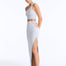 Front View: Model in Lyndon Silver Skirt - High Waist, Ankle Length, %100 Viscose, Cut Out Detail, MOEVA Luxury Swimwear