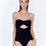 "Front view of the Madeline Black Bandeau Swimsuit with amethyst and aventurine stones and ruching details."