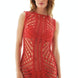 ""Model wearing Maggie Red Dress from the front view. The dress features a scoop neckline, body-firming crochet fabric."