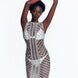 "Model wearing Maggie Silver Dress from the front view. The dress features a scoop neckline, body-firming crochet fabric, and mid-thigh length, showcasing a sleek and elegant silhouette."