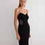 "Front view of the Malin black ankle-length dress showcasing the close fit, scoop neckline, and semi-sheer panels."