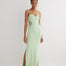 "Front view of the Malin mint green ankle-length dress showcasing the close fit, scoop neckline, and semi-sheer panels."