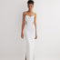 "Front view of the Malin white ankle-length dress showcasing the body-hugging fit, scoop neckline, and semi-sheer panels."