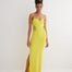 "Front view of the Malin yellow ankle-length dress showcasing the close fit, scoop neckline, and semi-sheer panels."