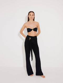 Manuela Black High Rise Pants With Gold Accessory -Women Beachwear Pants Moeva