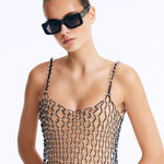 Front View of Model Wearing Marche Black Sunglasses - Black Lens Women's Sunglassess, 100% UV protection, MOEVA Luxury Swimwear    