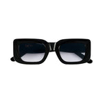 Front View of Marche Black Blue Sunglasses - Black Acetate Frame Women's Sunglassess, Black Acetate Temples With Moeva Amblem, MOEVA Luxury Swimwear    