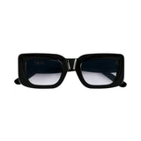 Front View of Marche Black Blue Sunglasses - Black Acetate Frame Women's Sunglassess, Black Acetate Temples With Moeva Amblem, MOEVA Luxury Swimwear    