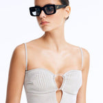 Front View of Model Wearing Marche Black Blue Sunglasses - Black Lens Women's Sunglassess, 100% UV protection, MOEVA Luxury Swimwear     