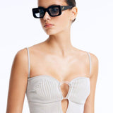 Front View of Model Wearing Marche Black Blue Sunglasses - Black Lens Women's Sunglassess, 100% UV protection, MOEVA Luxury Swimwear     