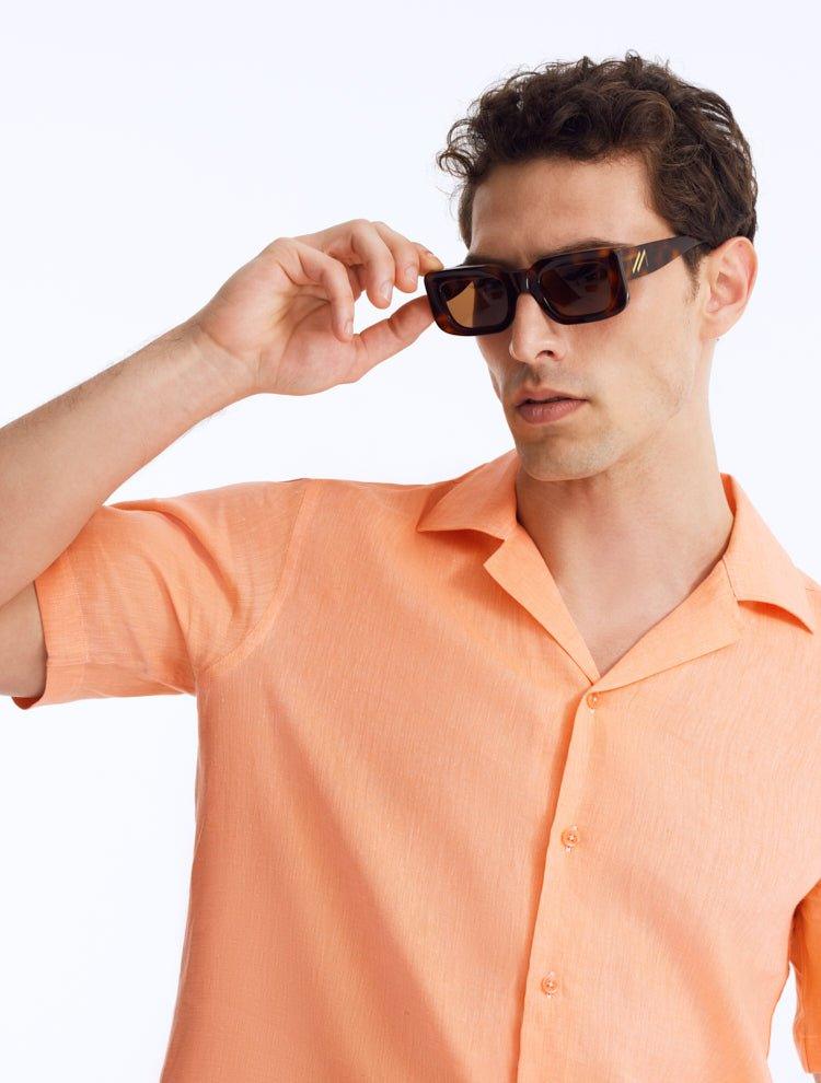 Front View of Model Wearing Marche Havana Brown Sunglasses – Brown Lenses Men's Sunglassess, 100% UV protection, MOEVA Luxury Swimwear     