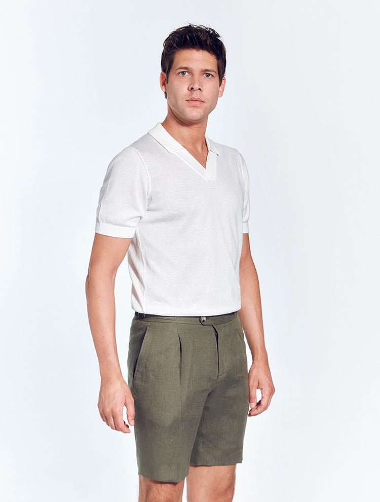 Marco Army Green Linen Shorts With Pleats At Front -Men Shorts Moeva
