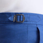 Close up View of Model Wearing Marco Azure Shorts - Ready to Wear, Slip Pocket, %100 Linen Men Pants, MOEVA Luxury Swimwear 