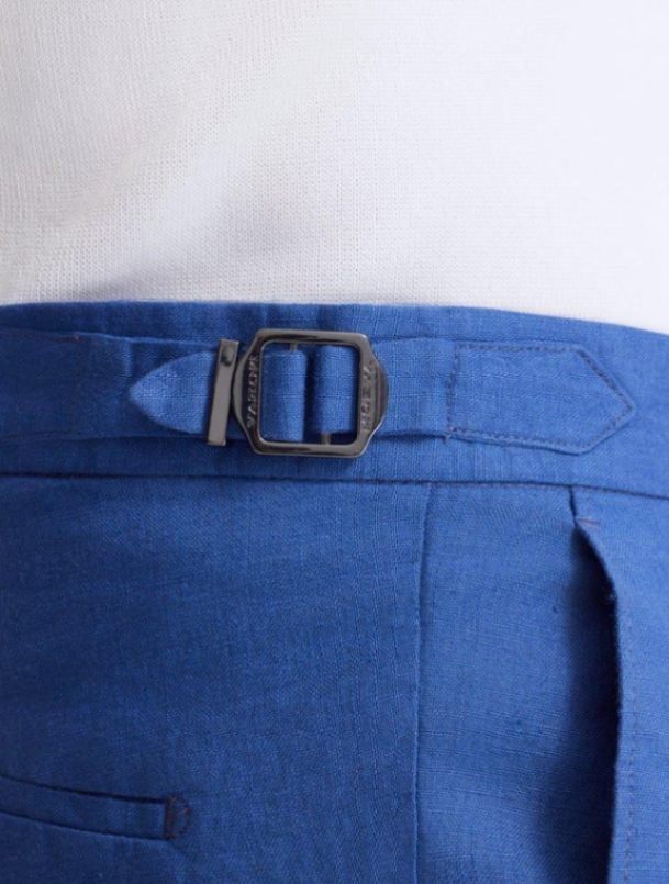 Close up View of Model Wearing Marco Azure Shorts - Ready to Wear, Slip Pocket, %100 Linen Men Pants, MOEVA Luxury Swimwear 