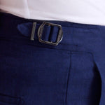 Close up View of Model Wearing Marco Cobalt Shorts - Ready to Wear, Slip Pocket, %100 Linen Men Pants, MOEVA Luxury Swimwear 