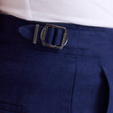 Close up View of Model Wearing Marco Cobalt Shorts - Ready to Wear, Slip Pocket, %100 Linen Men Pants, MOEVA Luxury Swimwear 