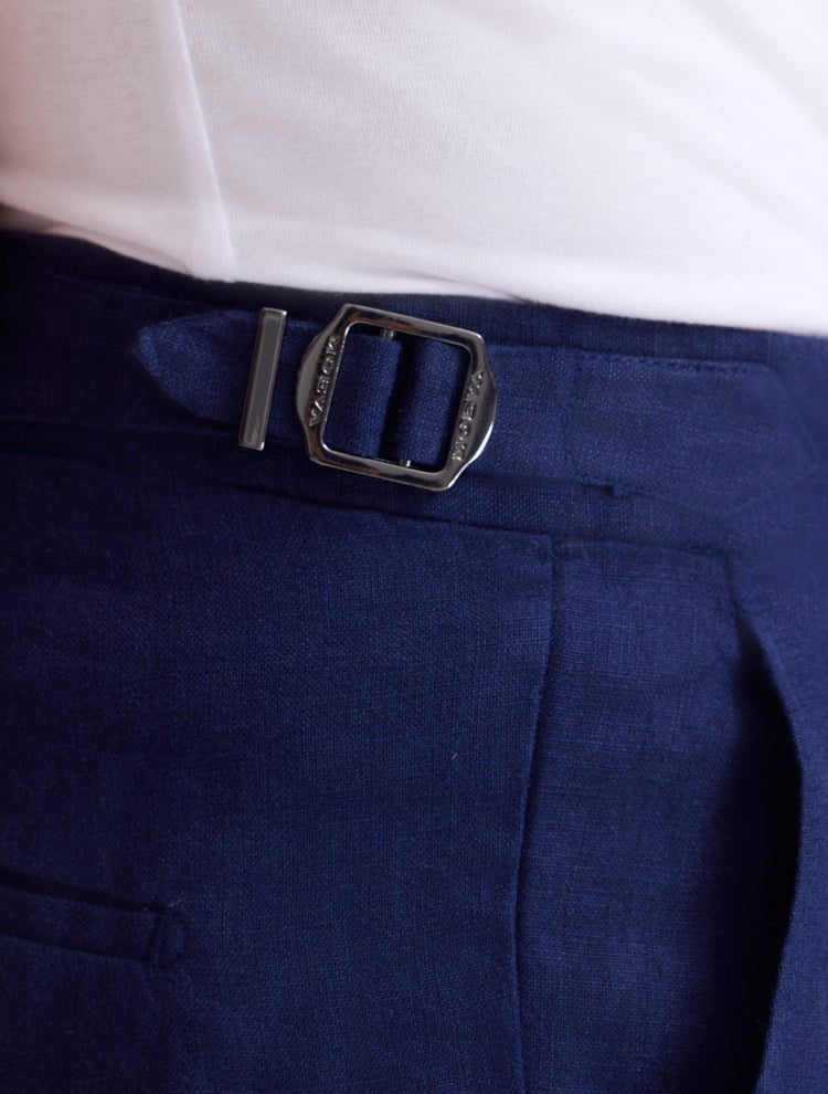 Close up View of Model Wearing Marco Cobalt Shorts - Ready to Wear, Slip Pocket, %100 Linen Men Pants, MOEVA Luxury Swimwear 