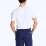 Back View: Marco Cobalt Shorts on Model - MOEVA Luxury Swimwear, Ready to Wear, Mid-Rise, Knee Length, %100 Linen Men Pants, MOEVA Luxury Swimwear   