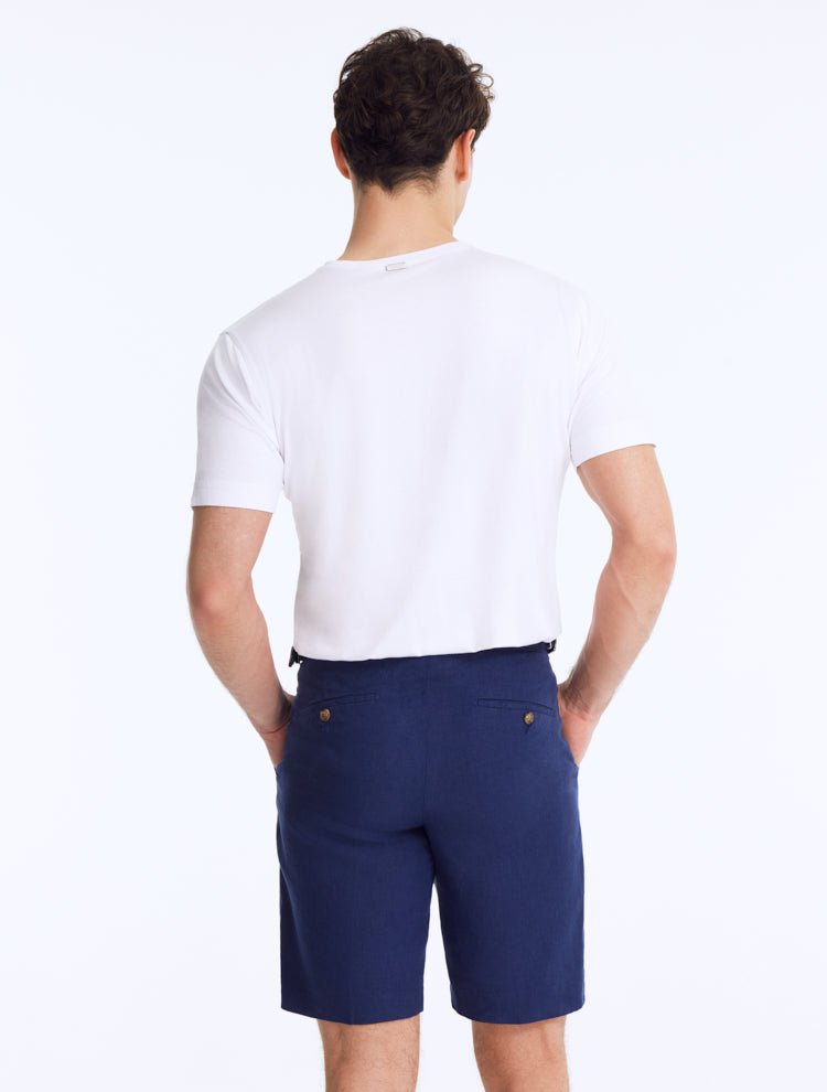 Back View: Marco Cobalt Shorts on Model - MOEVA Luxury Swimwear, Ready to Wear, Mid-Rise, Knee Length, %100 Linen Men Pants, MOEVA Luxury Swimwear   
