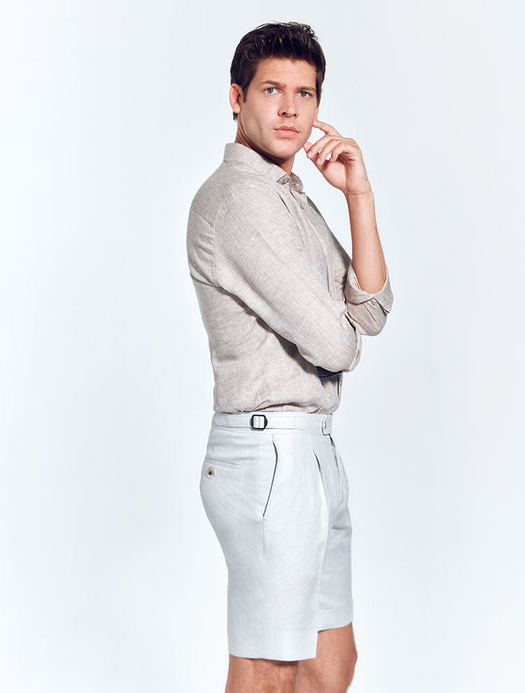 Marco Grey Linen Shorts With Pleats At Front -Men Shorts Moeva