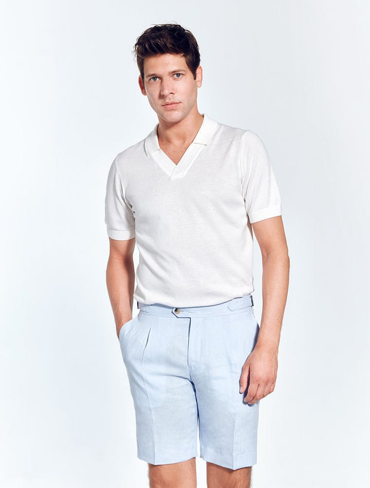 Marco Light Blue Linen Shorts With Pleats At Front -Men Shorts Moeva