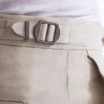 Close up View of Model Wearing Marco Semigrey Shorts - Ready to Wear, Slip Pocket, %100 Linen Men Pants, MOEVA Luxury Swimwear 