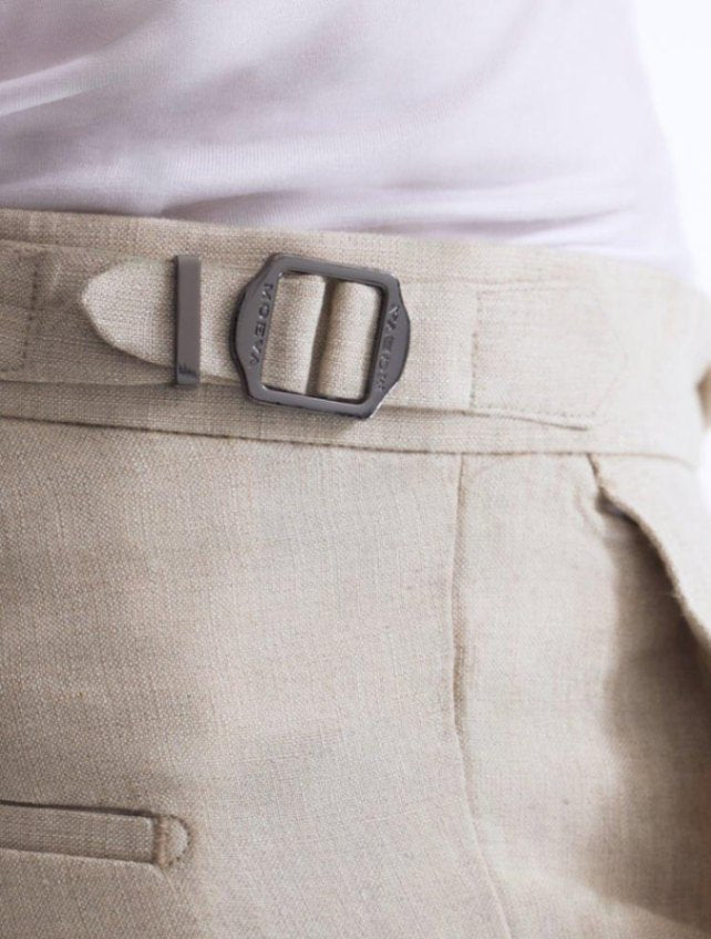 Close up View of Model Wearing Marco Semigrey Shorts - Ready to Wear, Slip Pocket, %100 Linen Men Pants, MOEVA Luxury Swimwear 