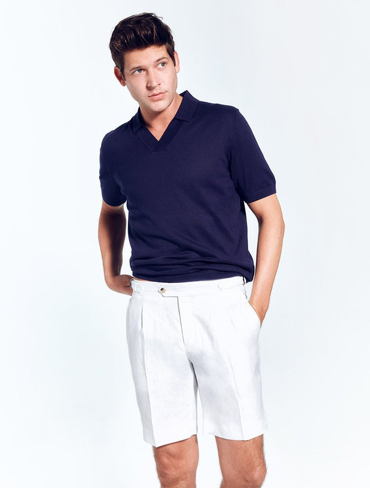 Marco White Linen Shorts With Pleats At Front -Men Shorts Moeva