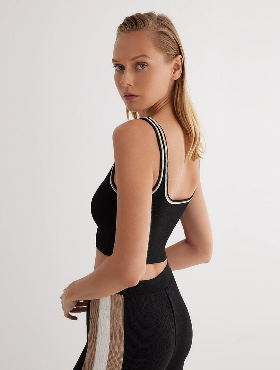 Back View: Model in Marea Black/Nude/White Top - MOEVA Luxury Swimwear, Ready to Wear Top, Unlined, Comfort, Knitted, Cropped Length, Elasticated Band, MOEVA Luxury Swimwear