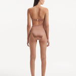 Back view of the Marilla Brown Swimsuit, emphasizing the gold clasps and overall fit.