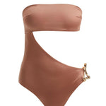 Decoupage image of the Marilla Brown Swimsuit, illustrating its sophisticated high-waist style, luxurious gold accents, and premium Italian fabric.