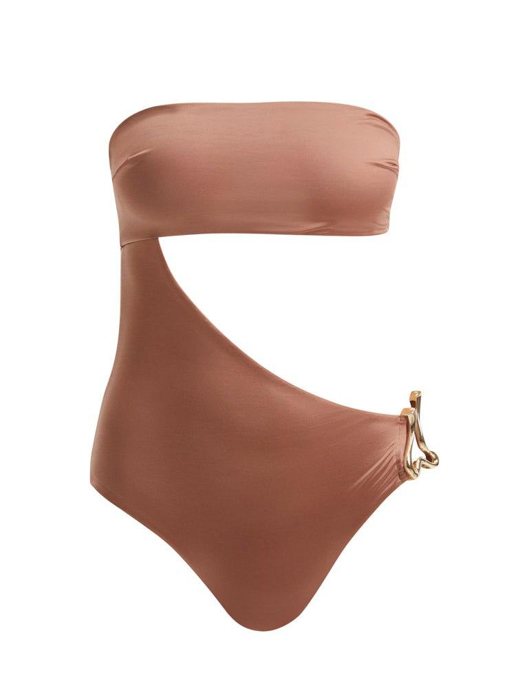 Decoupage image of the Marilla Brown Swimsuit, illustrating its sophisticated high-waist style, luxurious gold accents, and premium Italian fabric.