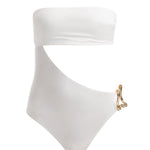 Decoupage image of the Marilla White Swimsuit, illustrating its sophisticated high-waist style, luxurious gold accents, and premium Italian fabric.