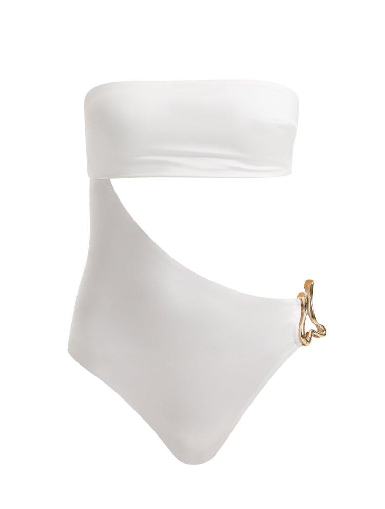 Decoupage image of the Marilla White Swimsuit, illustrating its sophisticated high-waist style, luxurious gold accents, and premium Italian fabric.