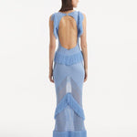 "Maris Baby Blue Dress from the back, focusing on the low back design with gold clasps. "