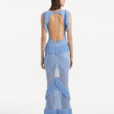 "Maris Baby Blue Dress from the back, focusing on the low back design with gold clasps. "