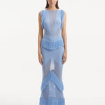 "Maris Baby Blue Dress from the front, showcasing the airy mesh knit, high neckline, and full-length design. "