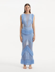 "Maris Baby Blue Dress from the front, showcasing the airy mesh knit, high neckline, and full-length design. "