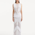 Maris White Dress from the front, highlighting the delicate mesh knit fabric, high neckline, and ankle-length silhouette. "