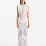 Maris White Dress from the front, highlighting the delicate mesh knit fabric, high neckline, and ankle-length silhouette. "