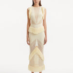 " Maris Yellow Dress from the front, showcasing the delicate mesh knit fabric, ankle-length silhouette, and the warm, golden hue. "