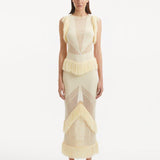 " Maris Yellow Dress from the front, showcasing the delicate mesh knit fabric, ankle-length silhouette, and the warm, golden hue. "