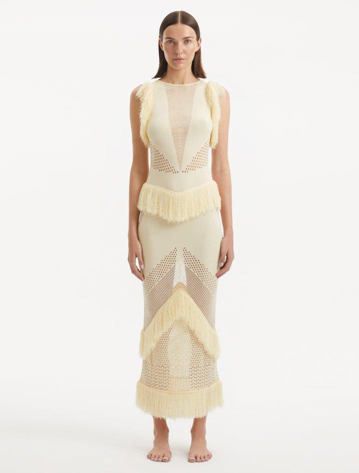 SIOBHAN PERRY-Maris Yellow Knitted Maxi Dress with Fringe and Open Back | Moeva | Set | Each week unveils new pieces—luxury swimwear, fluid resort silhouettes, and elevated summer-to-evening essentials designed to carry you from coastal escapes to city nights.