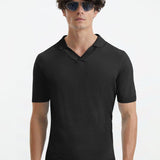 Mark Blac"Front view of Mark black t-shirt with slim fit and open collar design"k Tshirt - Moeva