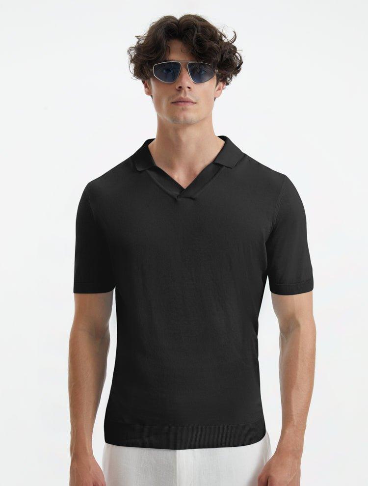 Mark Blac"Front view of Mark black t-shirt with slim fit and open collar design"k Tshirt - Moeva