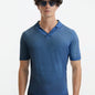 "Front view of Mark dark blue t-shirt featuring slim fit and open collar design".