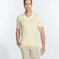 Front View: Model in Mark Yellow Polo Shirt - MOEVA Luxury Swimwear, Open Collar, Polo Shirt, Short-Sleeved, Cotton & Silk Blend, Long-Sleeved, Slim Fit, MOEVA Luxury Swimwear